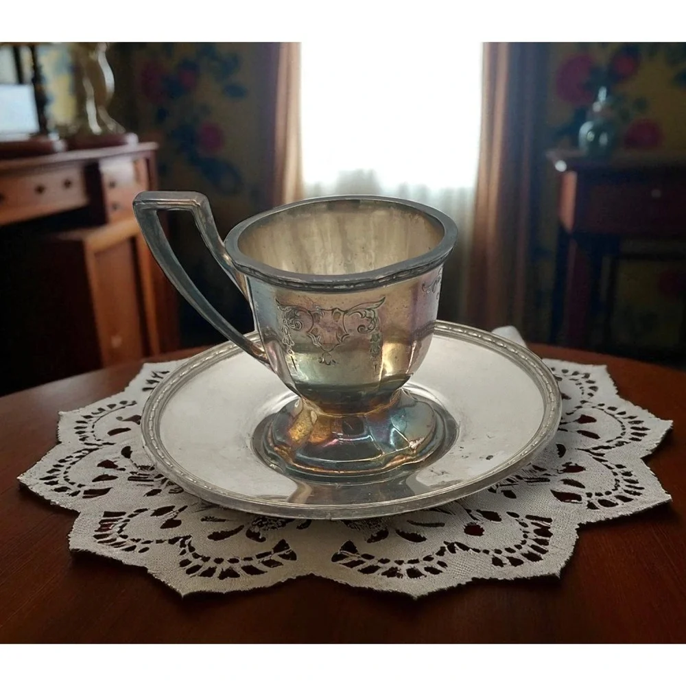 Vintage Chippendale EPNS Silverplate Demitasse Cups & Saucers Set of 10 Pat.1914